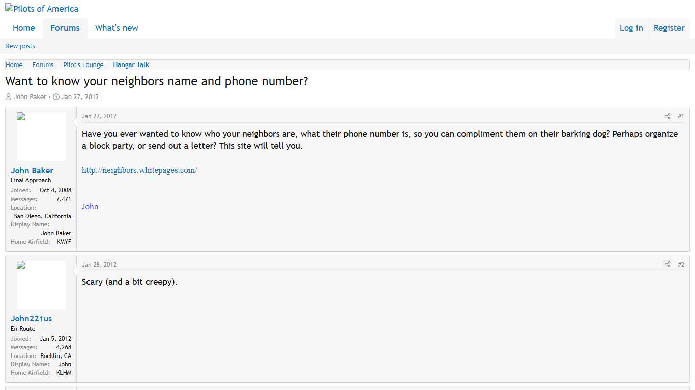 Want to know your neighbors name and phone number? | Pilots of America